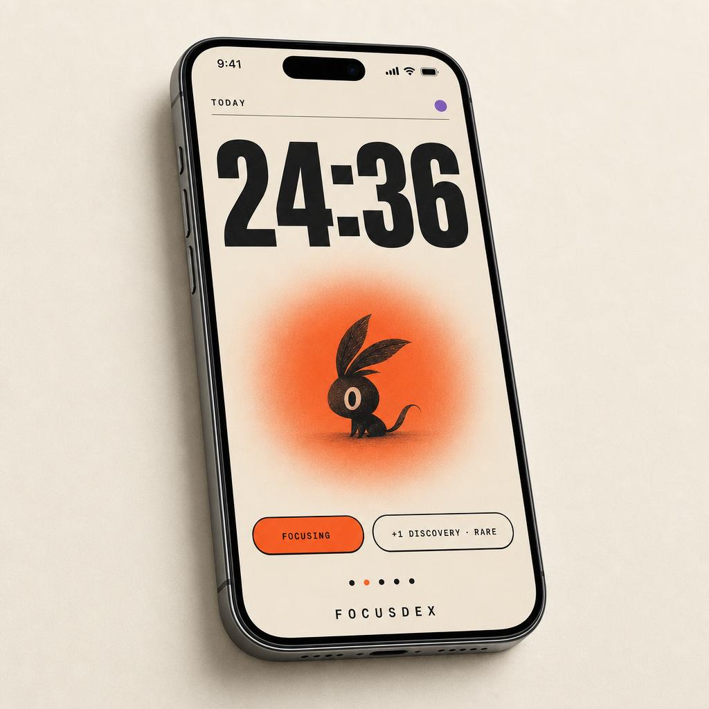 Focusdex app on iPhone showing a live focus session with a glowing creature